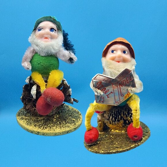 Vintage Putz Elf Ornaments 1950s Japan • Pinecone Mushroom Bottle Brush Tree - Picture 3 of 13